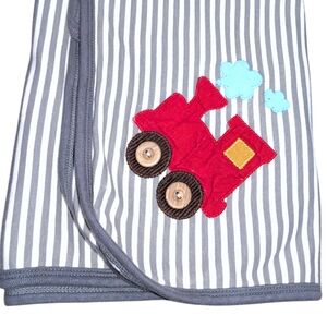 Haute Baby Blanket White Gray Baby Boy Receiving Swaddle Cotton Train 25" x 28"